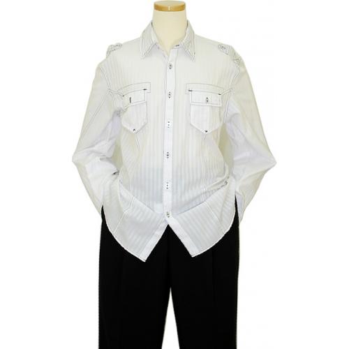 Manzini White With White Shadow Stripes And Black Handpick Stitching 100% Cotton Casual Shirt